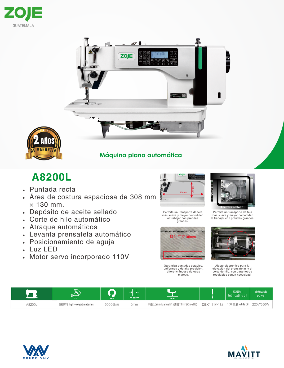 Máquina de coser plana puntada recta automática Zoje A8200L 110 V.