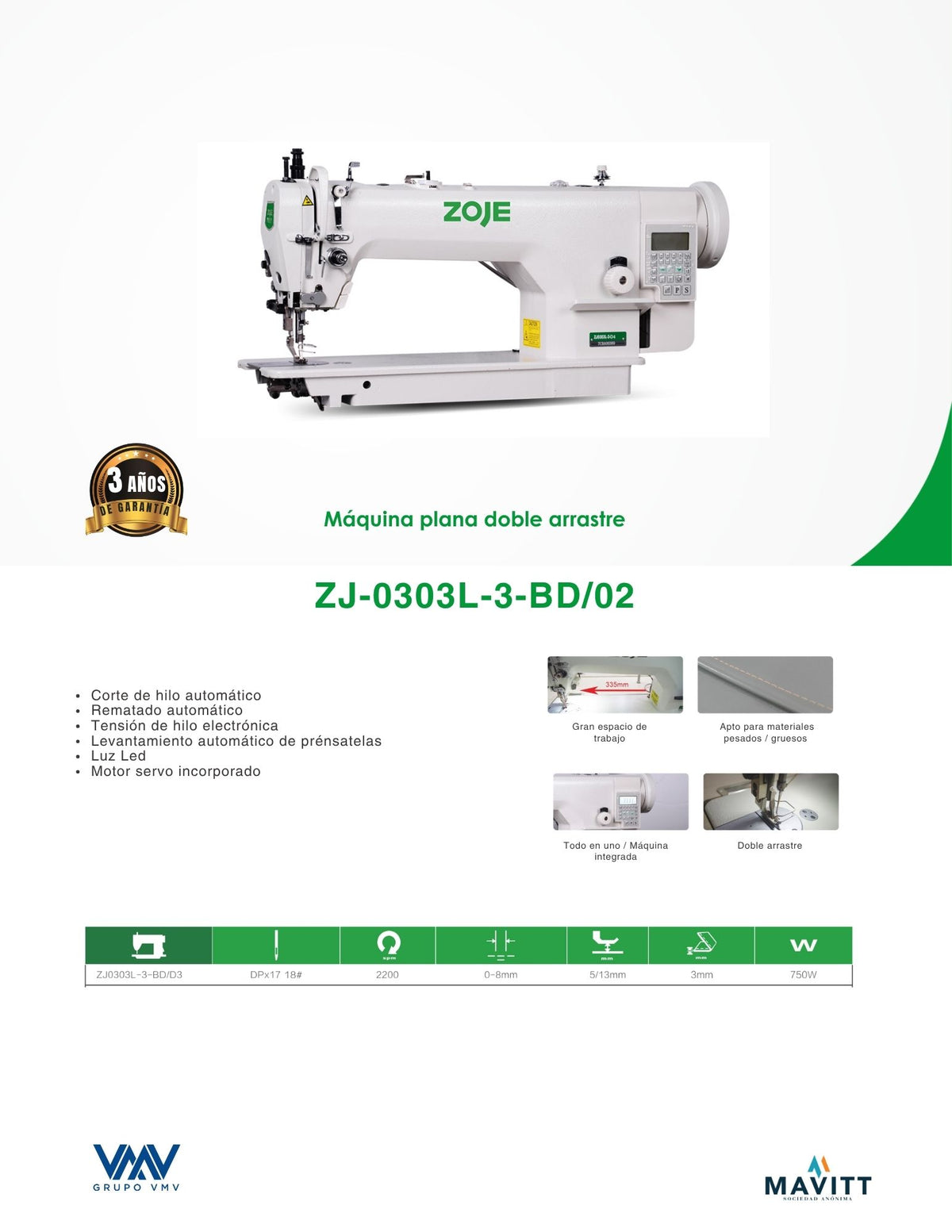 Máquina de coser plana de 1 aguja de doble arrastre Zoje ZJ-0303L-3-BD/02