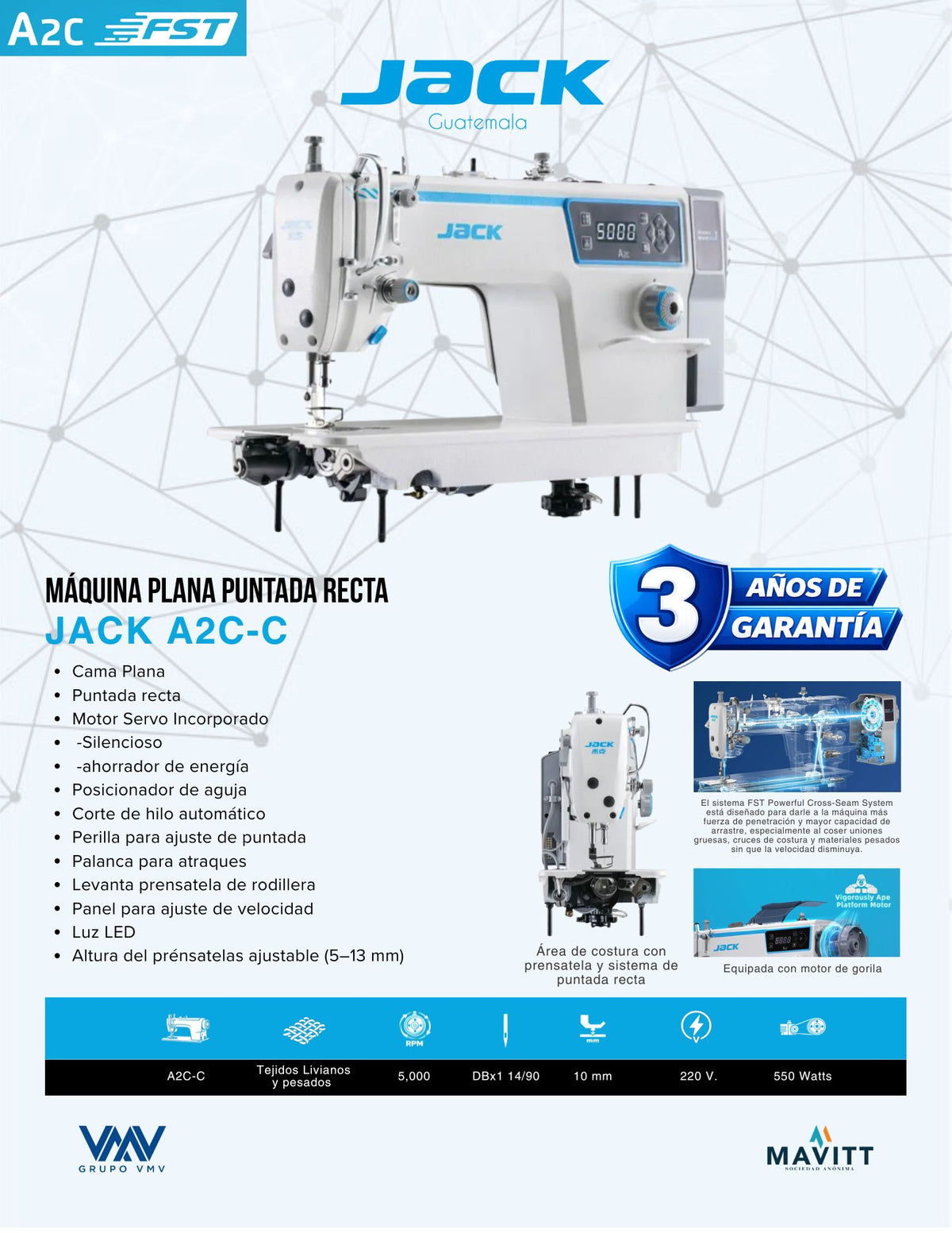 MÁQUINA DE COSER INDUSTRIAL PLANA JACK A2C-C