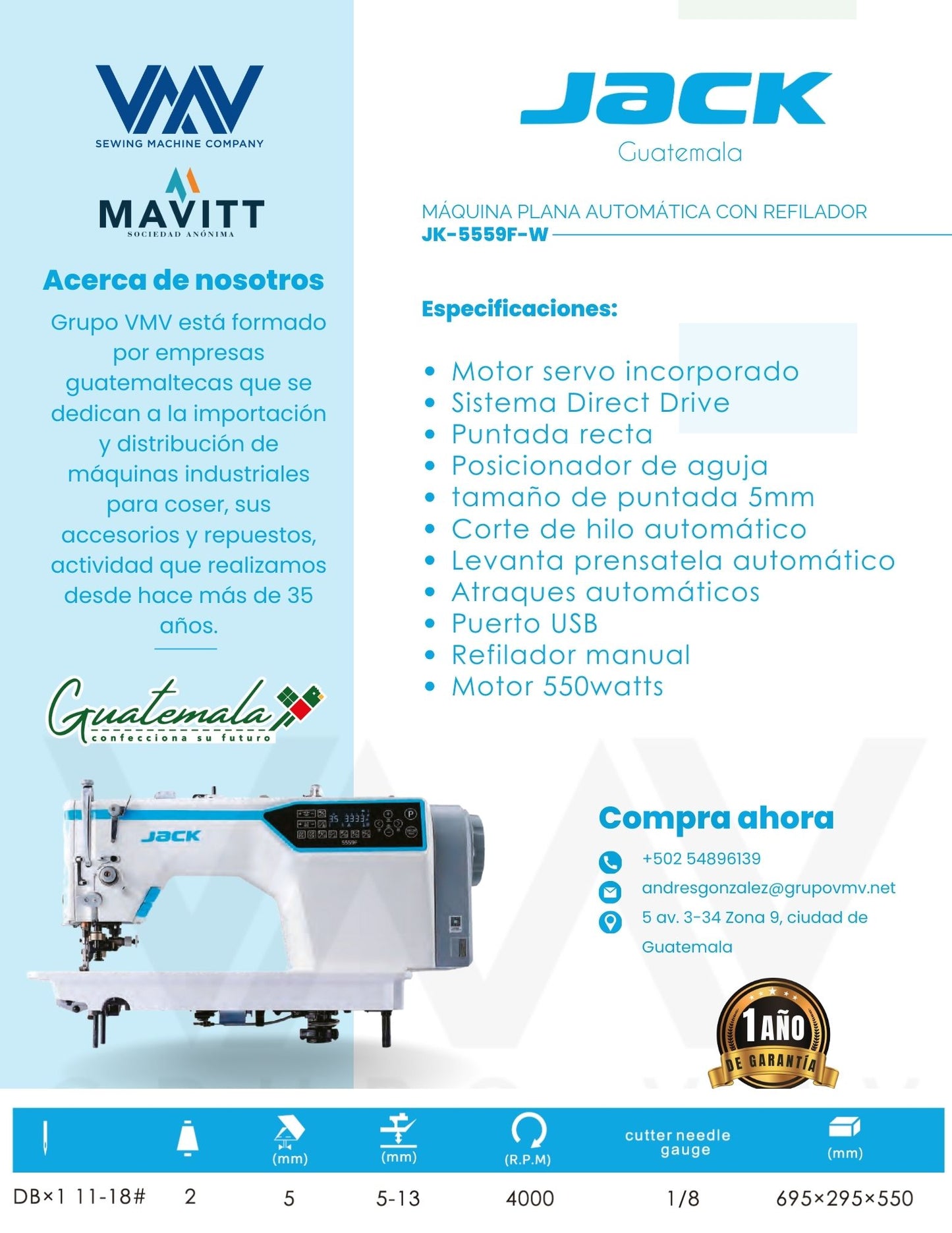 MÁQUINA DE COSER PLANA AUTOMÁTICA CON REFILADOR JACK JK-5559F-W