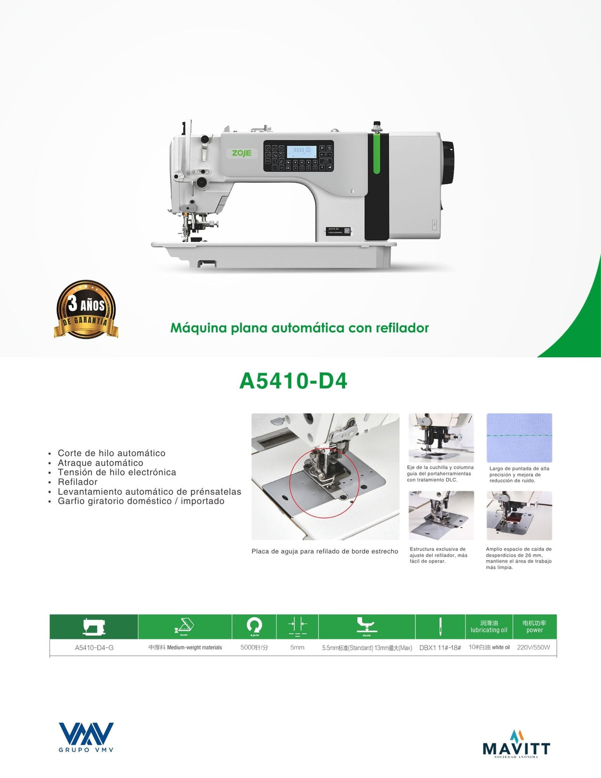 Máquina Plana puntada recta con refilador Zoje A5410-D4/02 220V.