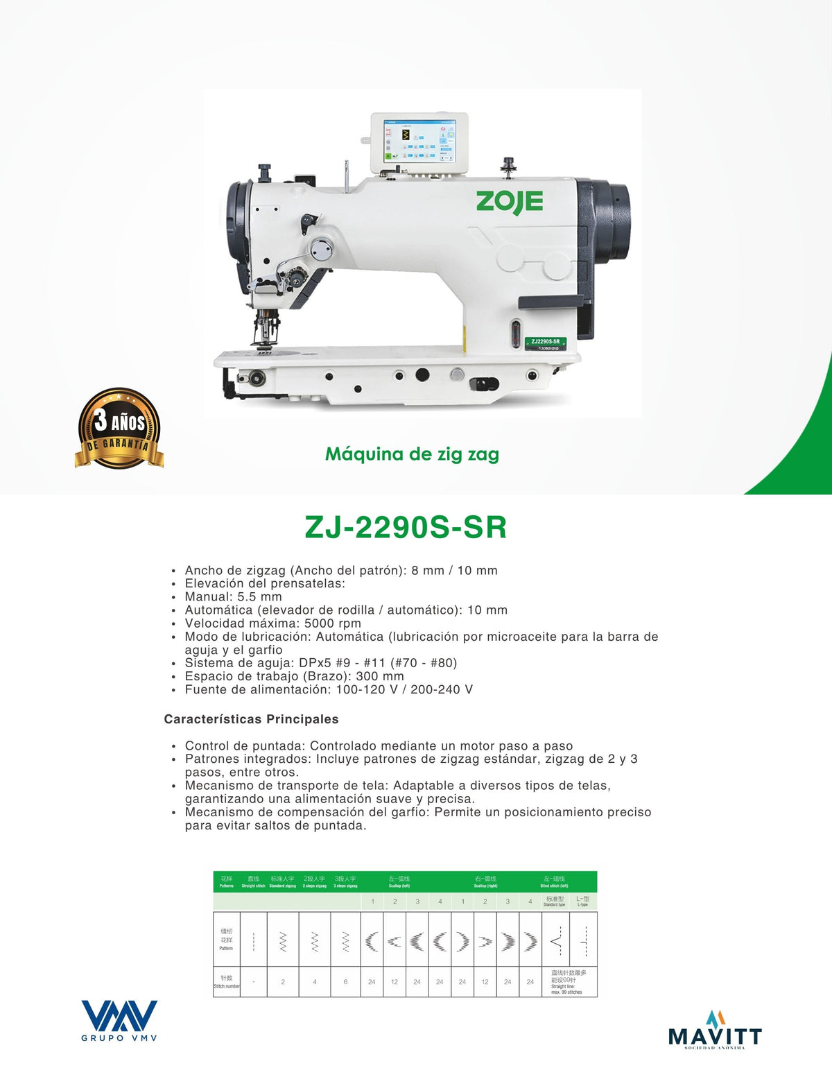 Máquina de coser Plana puntada recta y Zig Zag Programable Zoje ZJ-2290S-SR-220V.