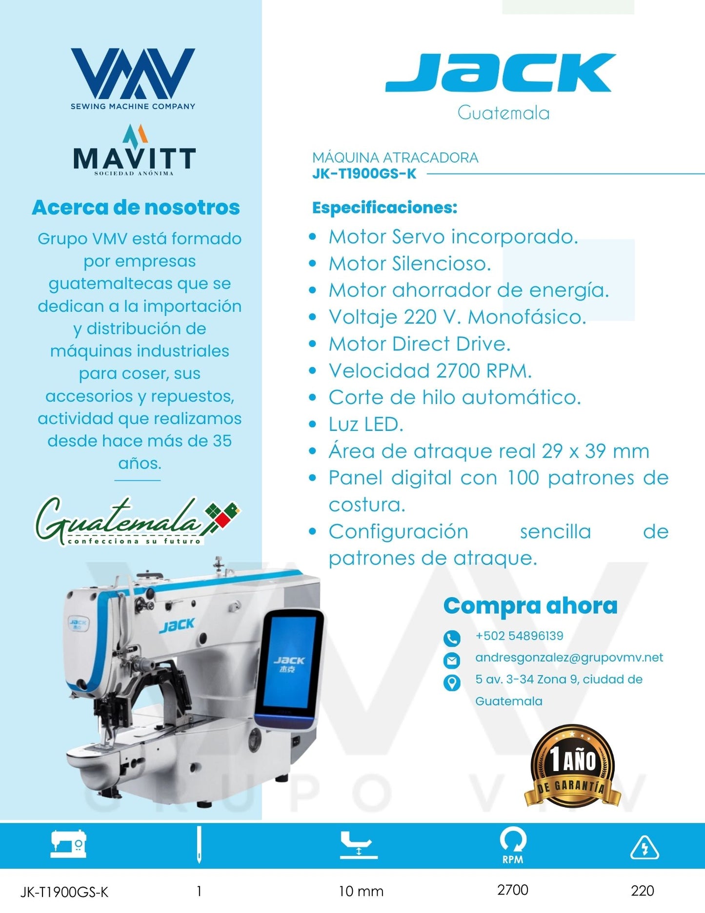 MÁQUINA ATRACADORA JACK JK-T1900GS-K