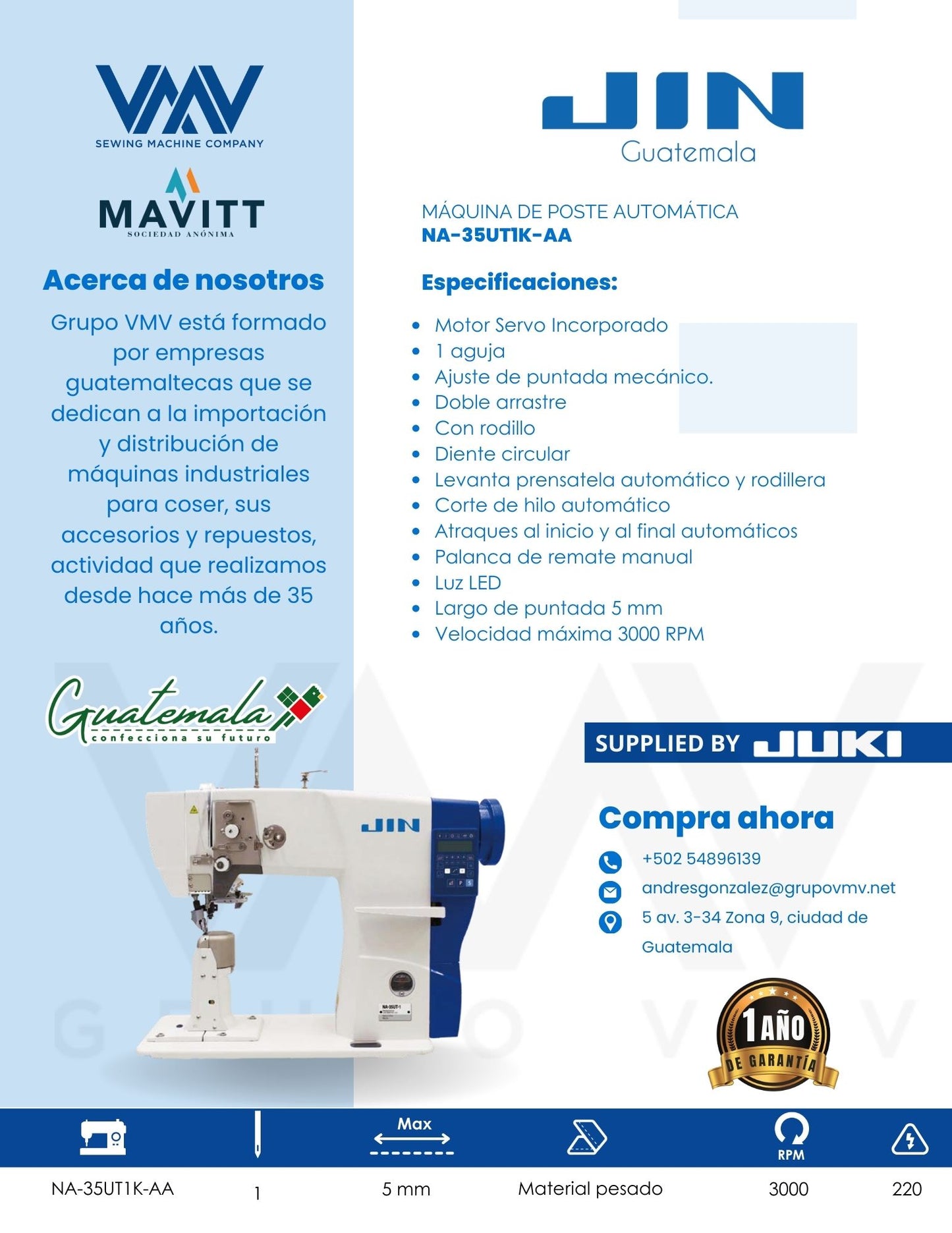 MÁQUINA DE COSER DE POSTE DE 1 AGUJA JIN NA-35UT1K-AA