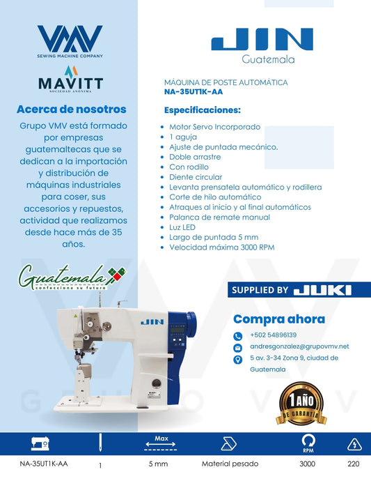 MÁQUINA DE COSER DE POSTE DE 1 AGUJA JIN NA-35UT1K-AA