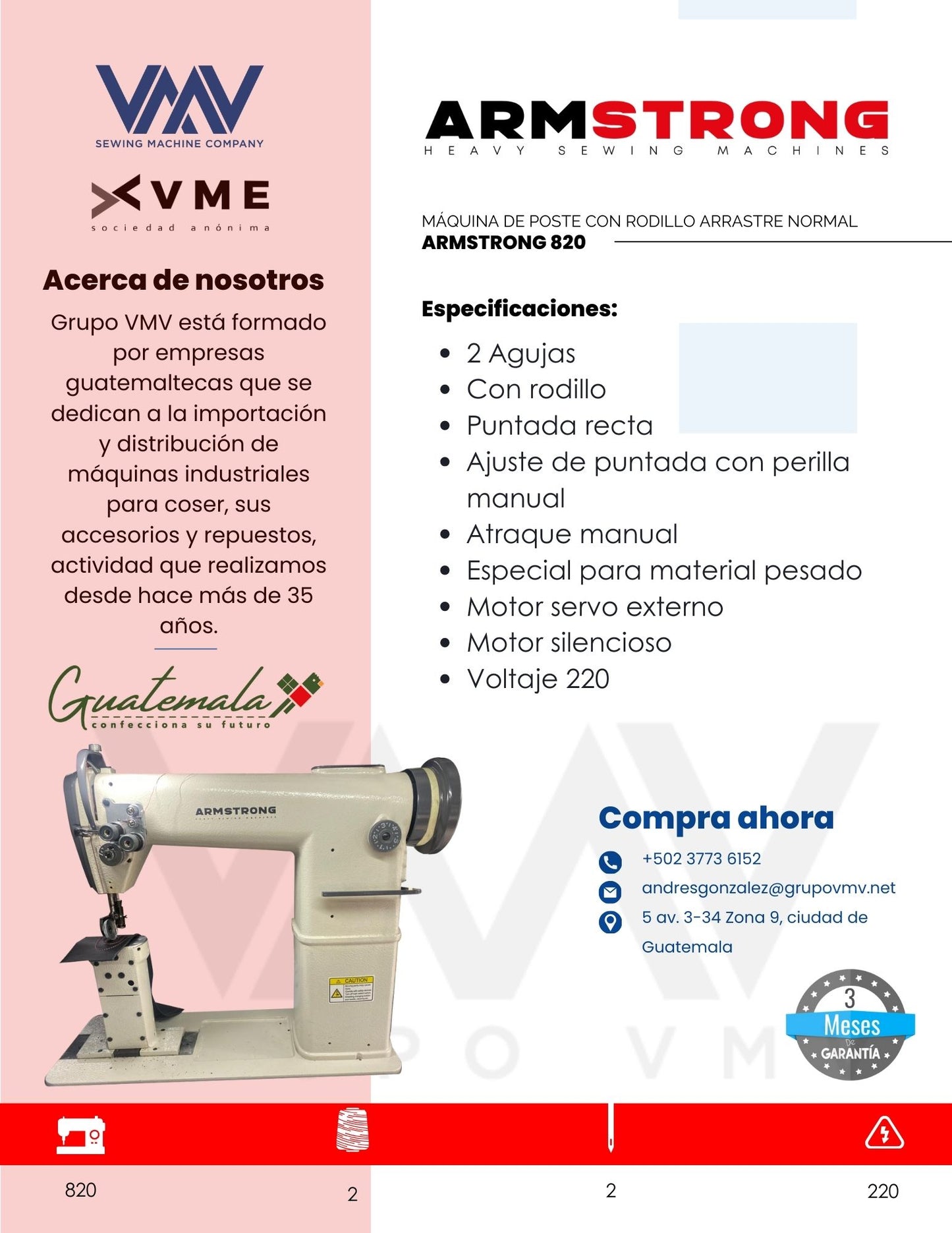 MÁQUINA DE COSER DE POSTE CON RODILLO DE 2 AGUJAS ARRASTRE NORMAL ARMSTRONG 820