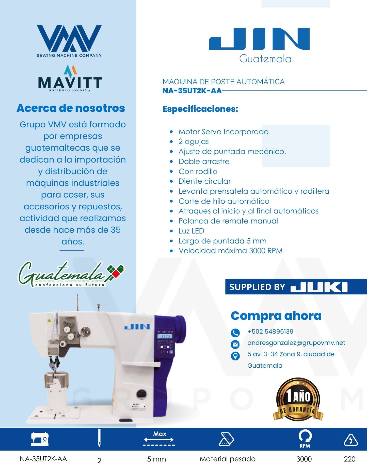 MÁQUINA DE COSER DE POSTE DE 2 AGUJAS JIN NA-35UT2K-AA
