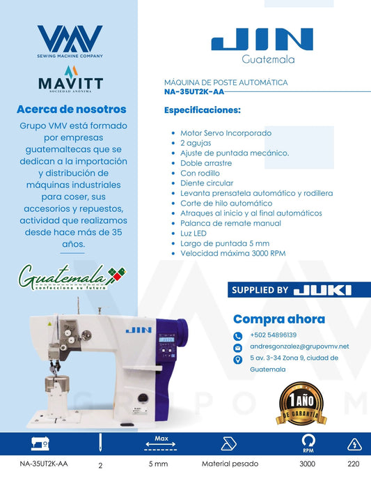 MÁQUINA DE COSER DE POSTE DE 2 AGUJAS JIN NA-35UT2K-AA