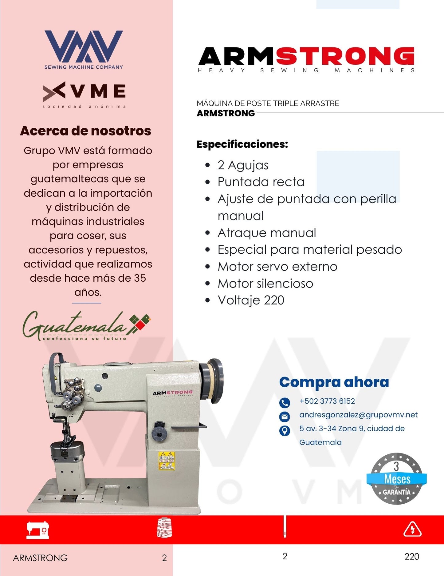MÁQUINA DE COSER DE POSTE TRIPLE ARRASTRE ARMSTRONG 2 AGUJAS