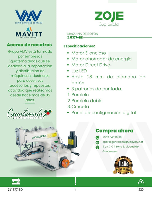 MÁQUINA DE COSER DE BOTÓN NORMAL ZOJE ZJ1377-BD