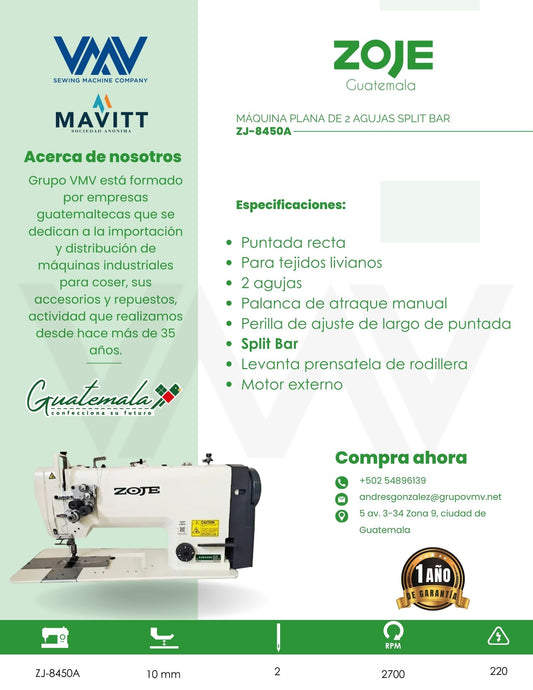 MÁQUINA DE COSER PLANA DE 2 AGUJAS SPLIT BAR ZOJE ZJ-8450A