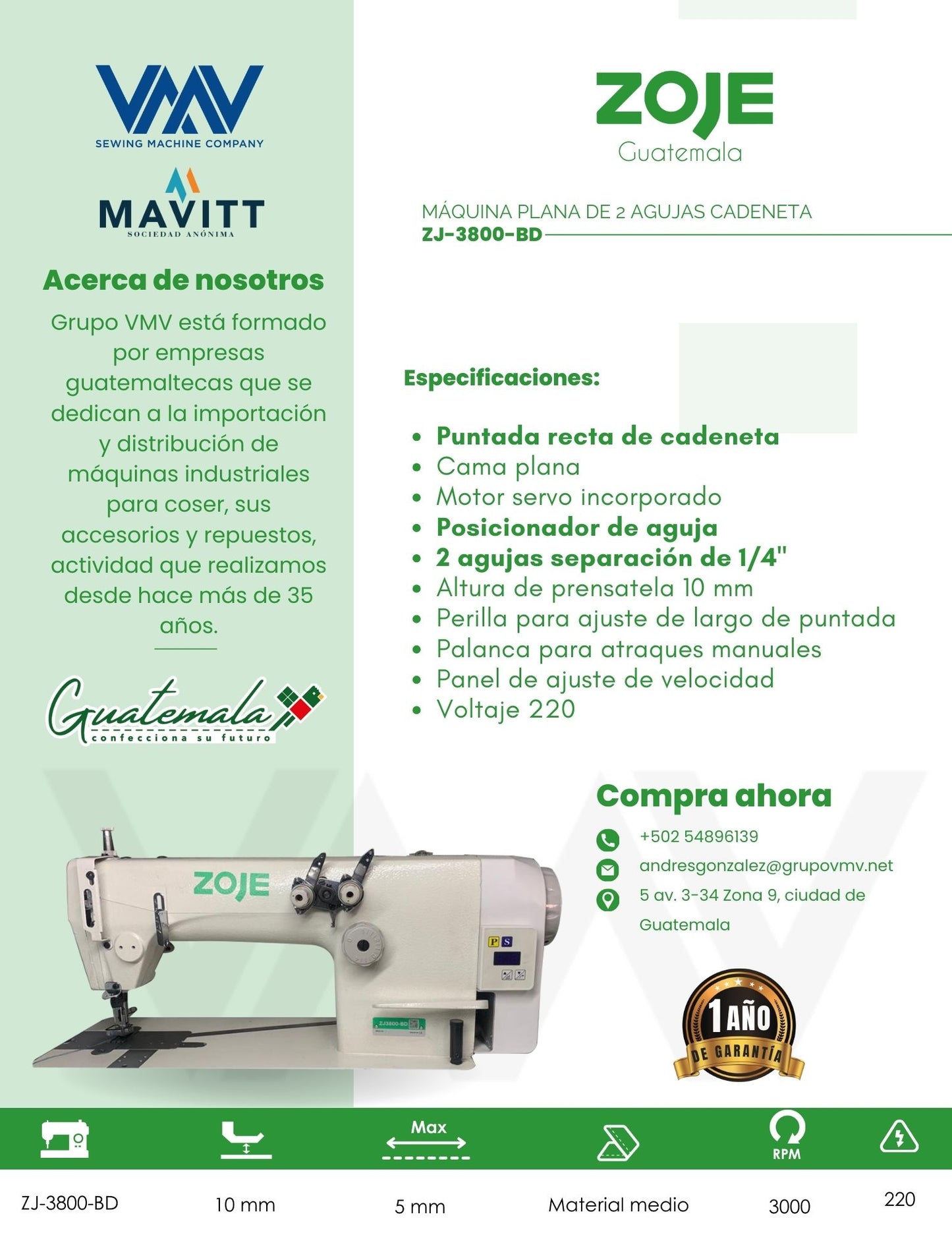 MÁQUINA DE COSER PLANA DE 2 AGUJAS CADENETA ZOJE ZJ-3800-BD