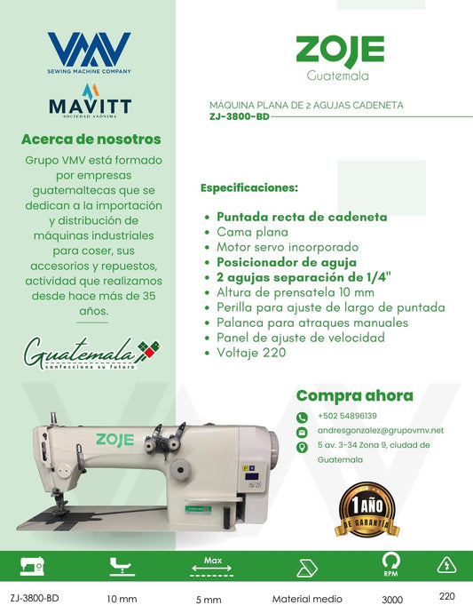 MÁQUINA DE COSER PLANA DE 2 AGUJAS CADENETA ZOJE ZJ-3800-BD