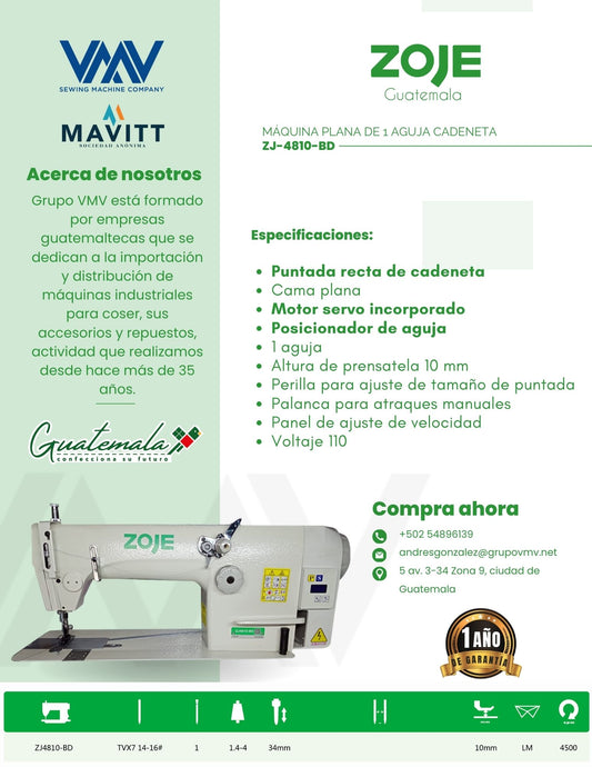 MÁQUINA DE COSER PLANA DE 1 AGUJA CADENETA ZOJE ZJ-4810-BD