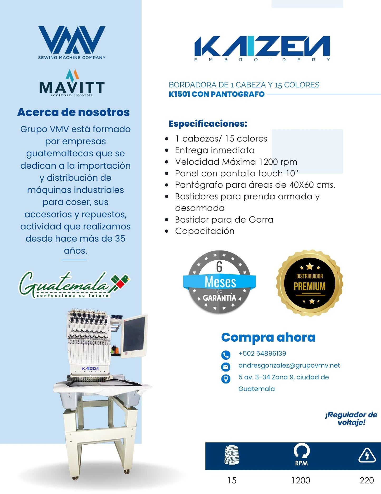 BORDADORA DE 1 CABEZA Y 15 COLORES KAIZEN K1501 CON PANTÓGRAFO