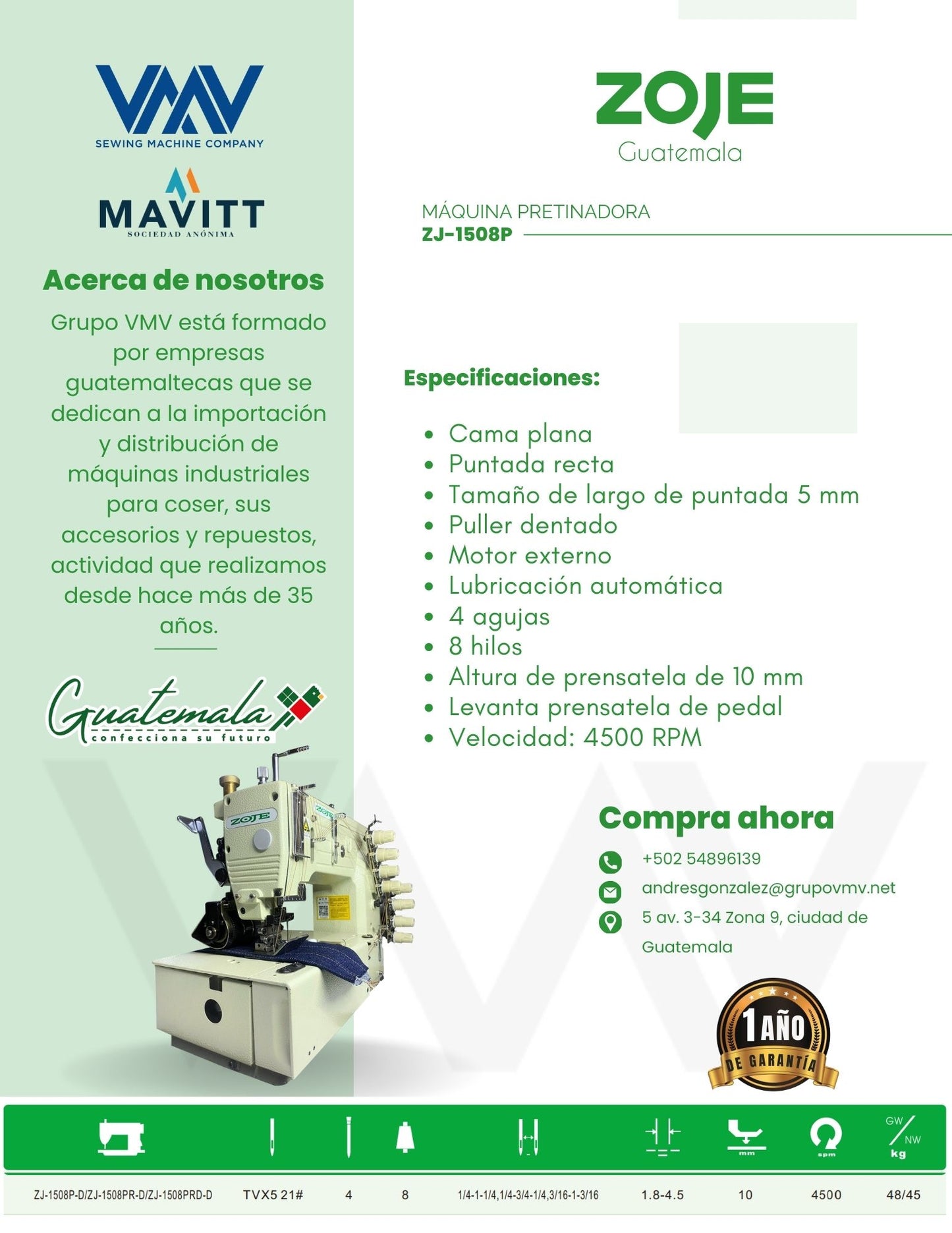 MÁQUINA DE COSER PRETINADORA ZOJE ZJ-1508P