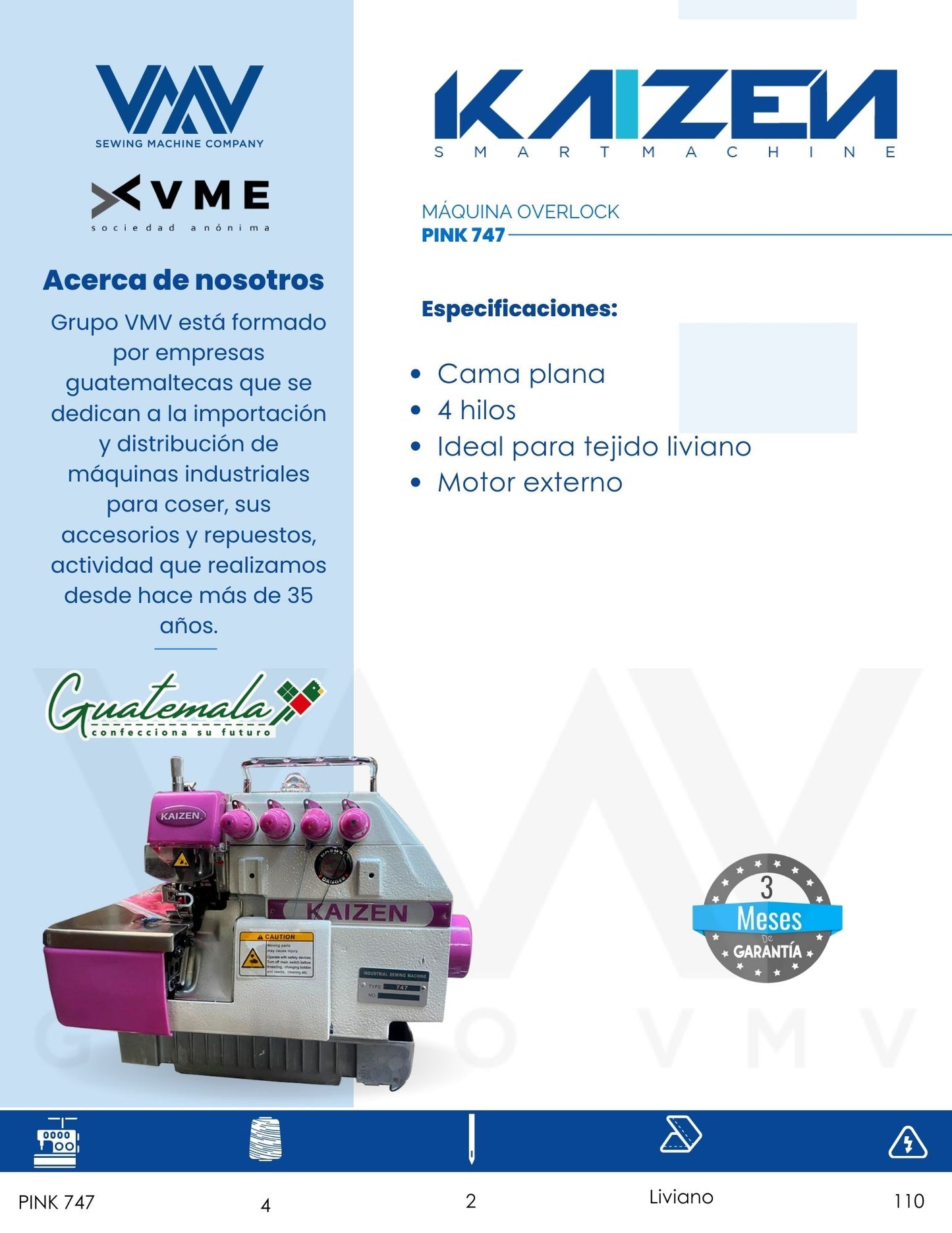 MÁQUINA OVERLOCK KAIZEN PINK 747 TABLERO ALTO