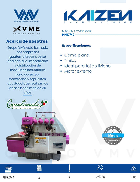 MÁQUINA DE COSER OVERLOCK KAIZEN 747 PINK DE 4 HILOS SUMERGIDA