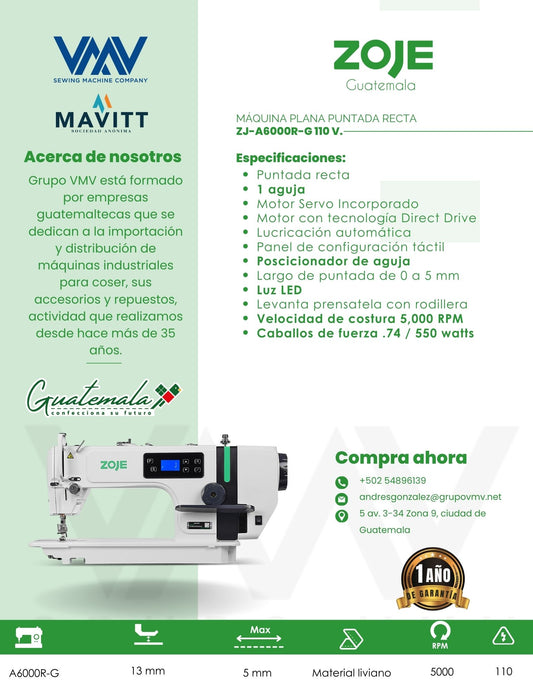 MÁQUINA DE COSER PLANA ZOJE ZJ-A6000R-G 110 V.