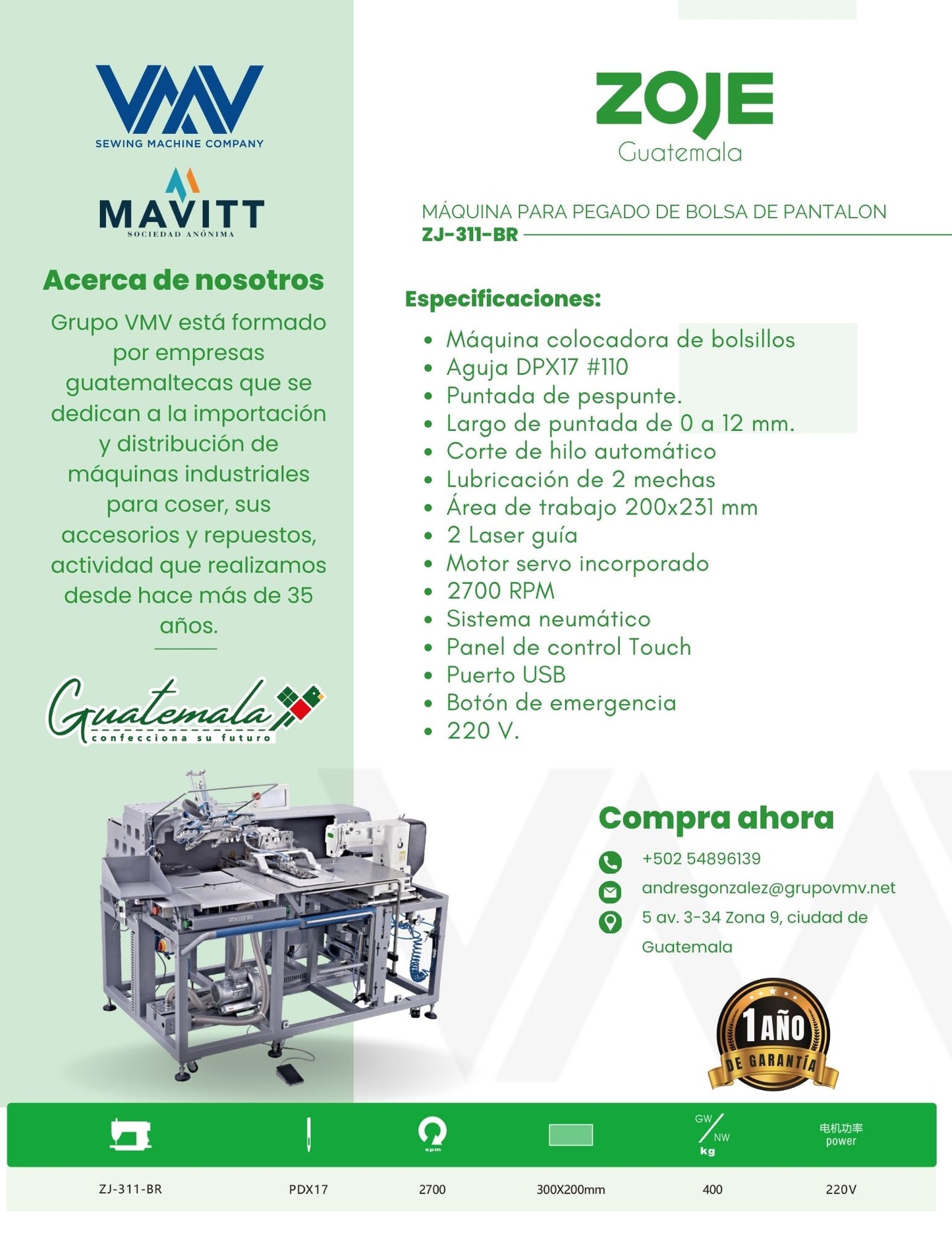 MÁQUINA DE COSER  PARA PEGADO DE BOLSA DE PANTALON ZOJE ZJ-311-BR