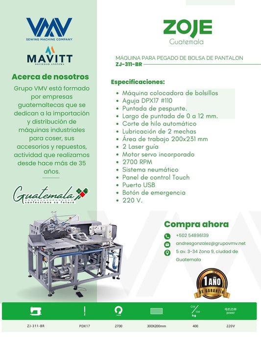 MÁQUINA DE COSER  PARA PEGADO DE BOLSA DE PANTALON ZOJE ZJ-311-BR