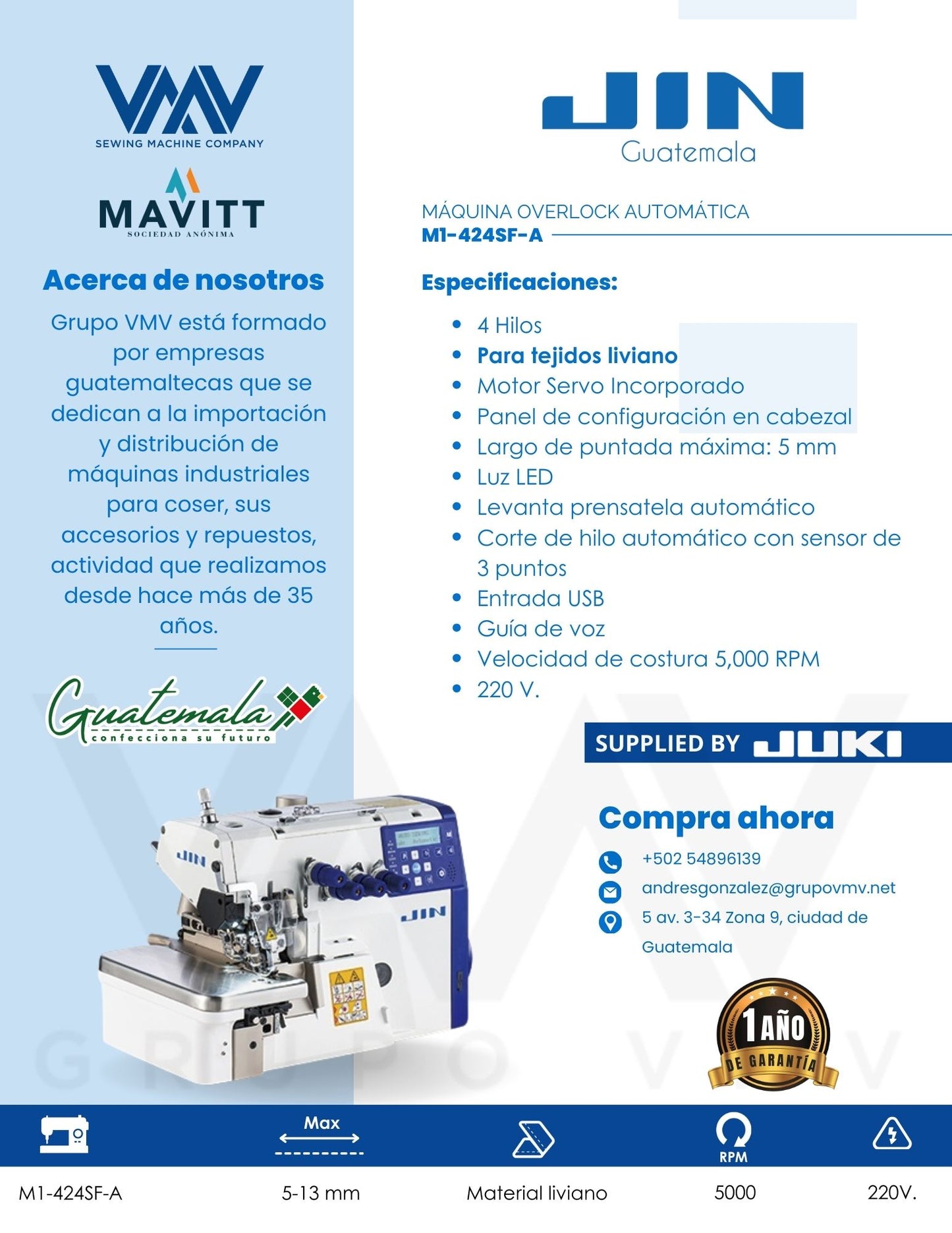 MÁQUINA DE COSER OVERLOCK DE 4 HILOS AUTOMÁTICA JIN M1-424SF-A