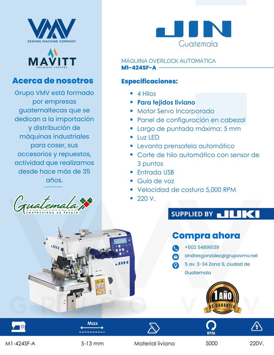 MÁQUINA DE COSER OVERLOCK DE 4 HILOS AUTOMÁTICA JIN M1-424SF-A