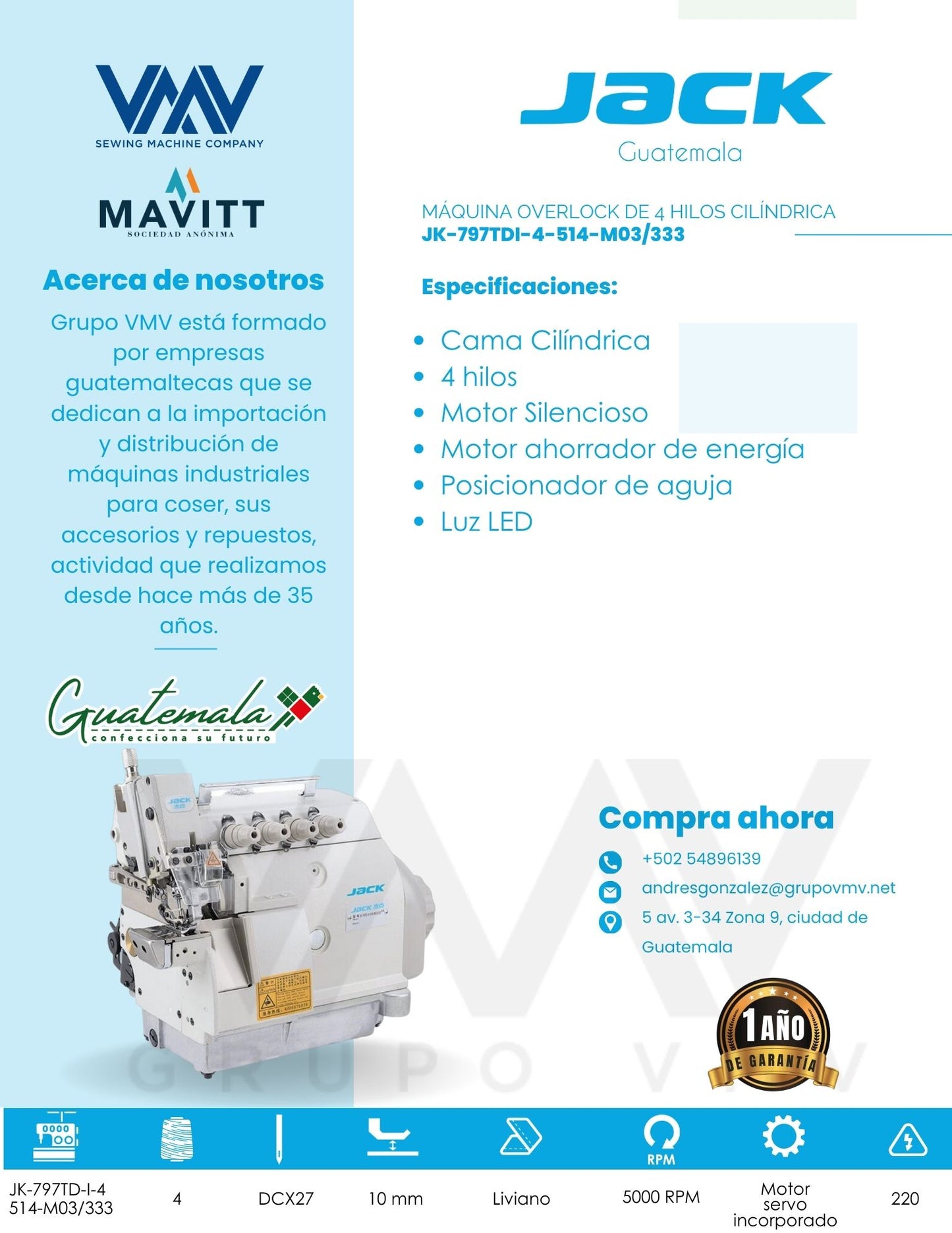 MÁQUINA OVERLOCK DE 4 HILOS CILÍNDRICA JACK JK-797TDI-4-514-M03/333