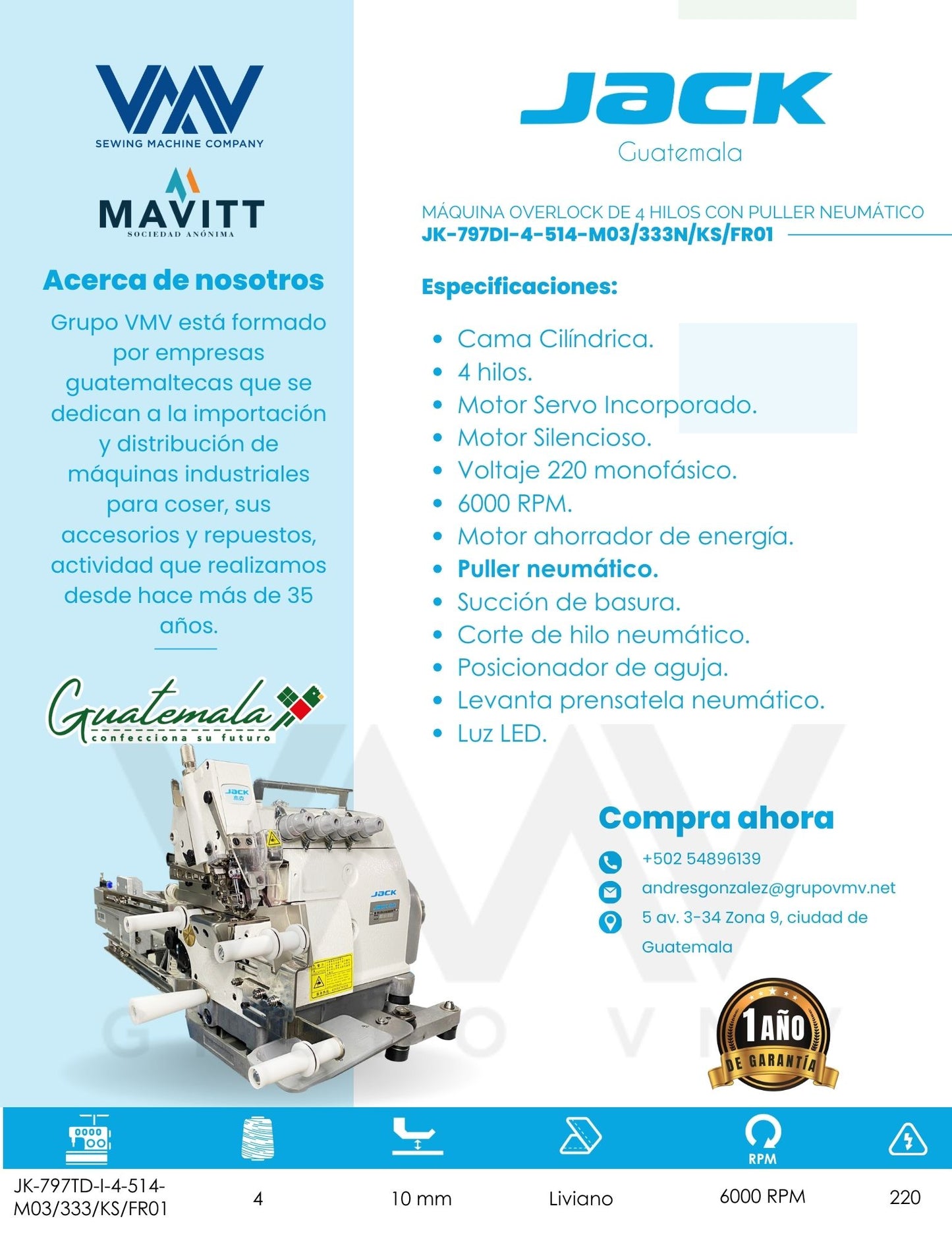 MÁQUINA OVERLOCK DE 4 HILOS CON PULLER NEUMÁTICO JACK JK-797DI-4-514-M03/333N/KS/FR01