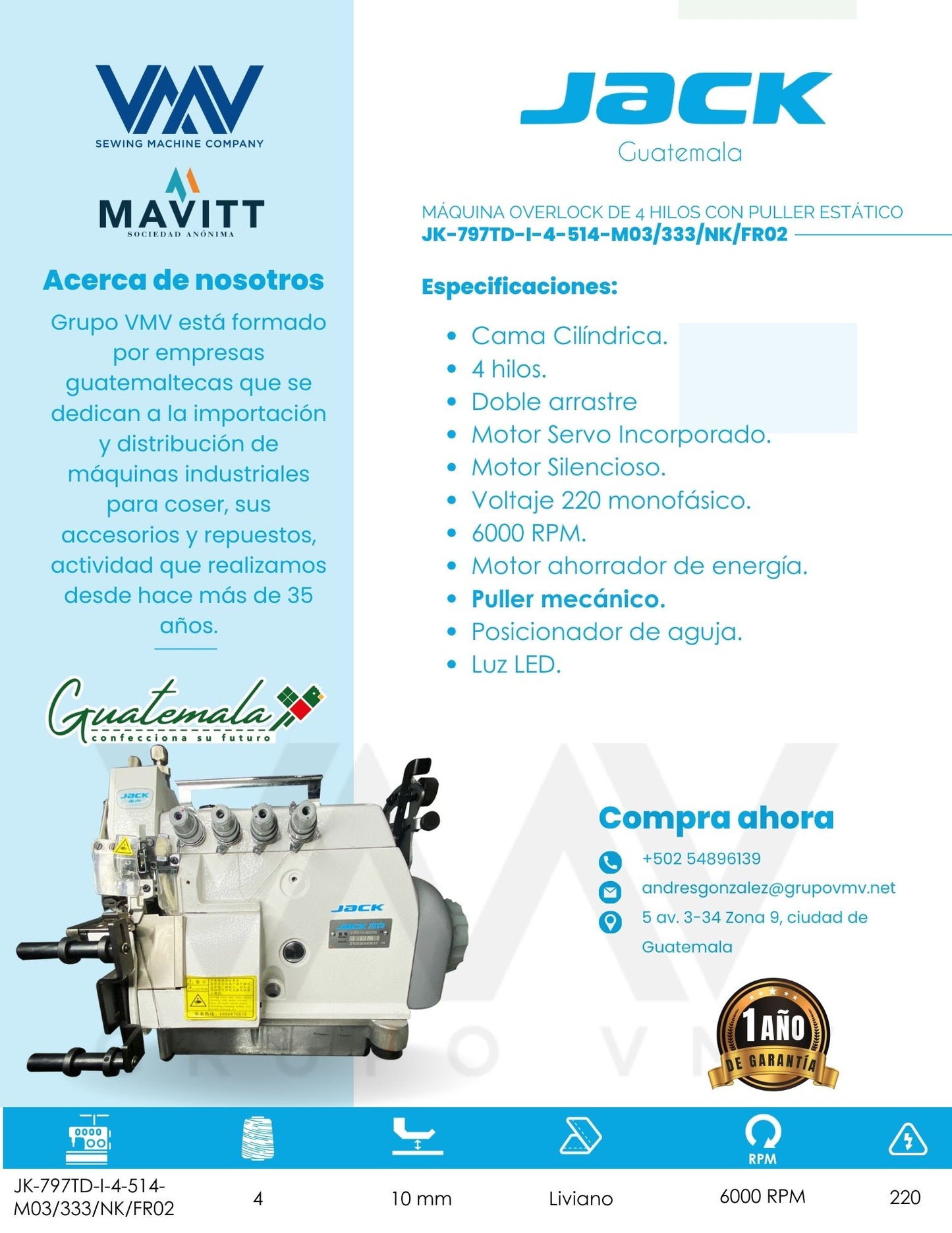 MÁQUINA OVERLOCK DE 4 HILOS CON PULLER ESTÁTICO JACK JK-797TD-I-4-514-M03/333/NK/FR02