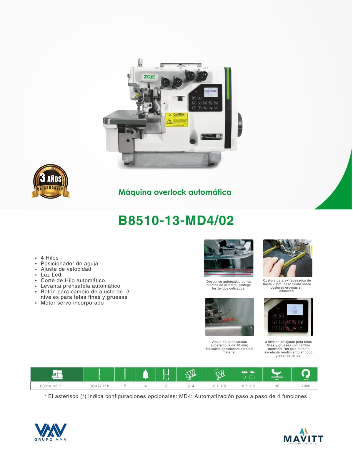 Máquina de coser Overlock de 4 hilos automática Neumática Zoje B8510-13MD4/02