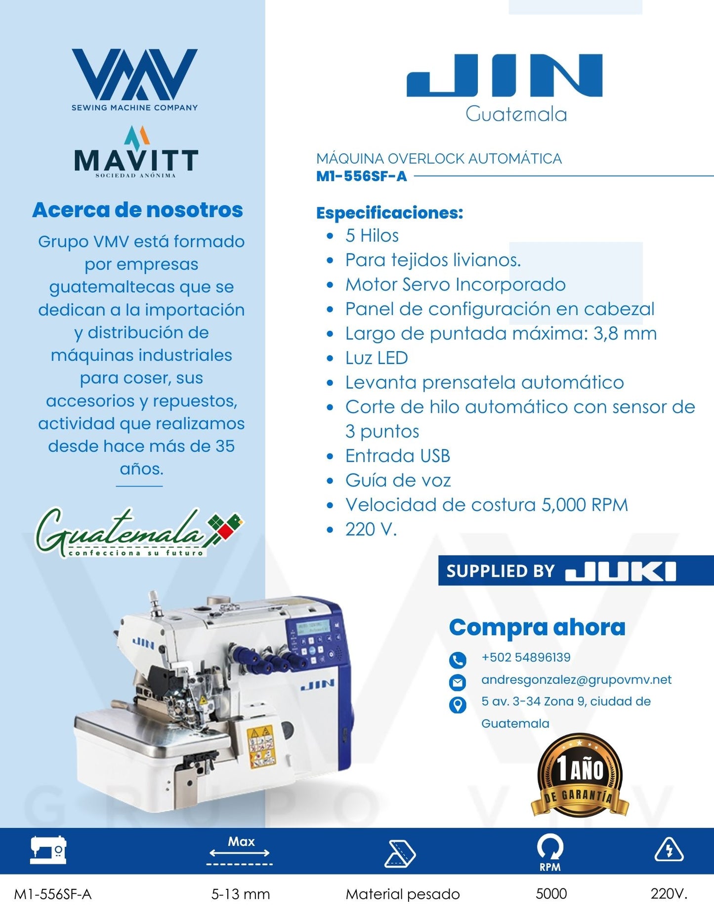 MÁQUINA DE COSER OVERLOCK DE 5 HILOS AUTOMÁTICA JIN M1-556SF-A