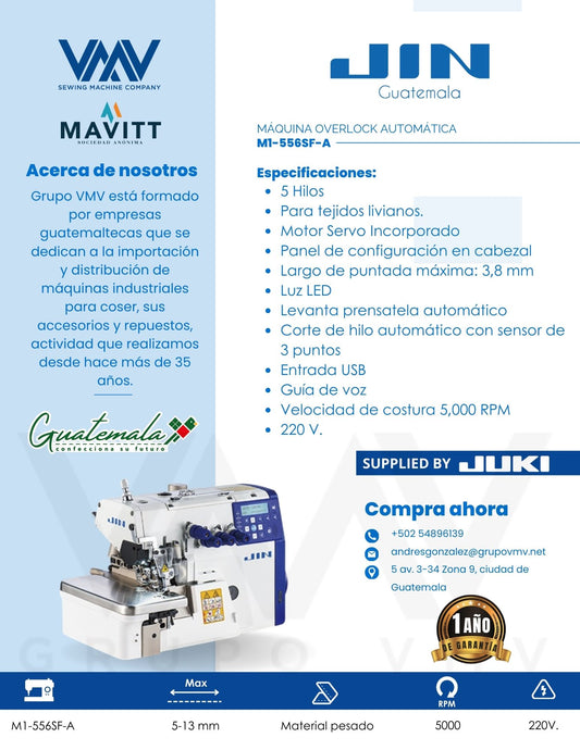 MÁQUINA DE COSER OVERLOCK DE 5 HILOS AUTOMÁTICA JIN M1-556SF-A