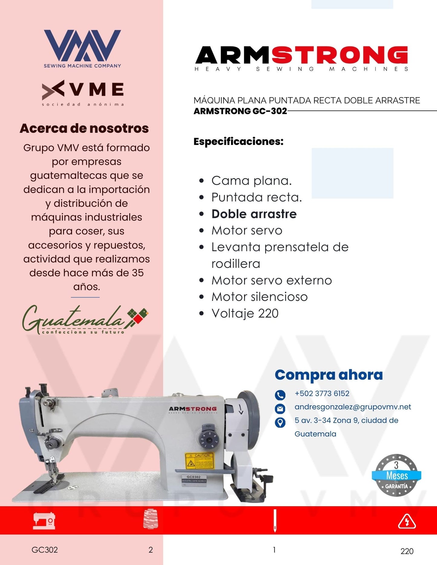 MÁQUINA DE COSER PLANA PUNTADA RECTA DOBLE ARRASTRE ARMSTRONG GC-302