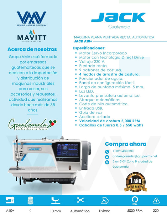 MÁQUINA DE COSER PLANA PUNTADA RECTA  AUTOMÁTICA JACK A10+