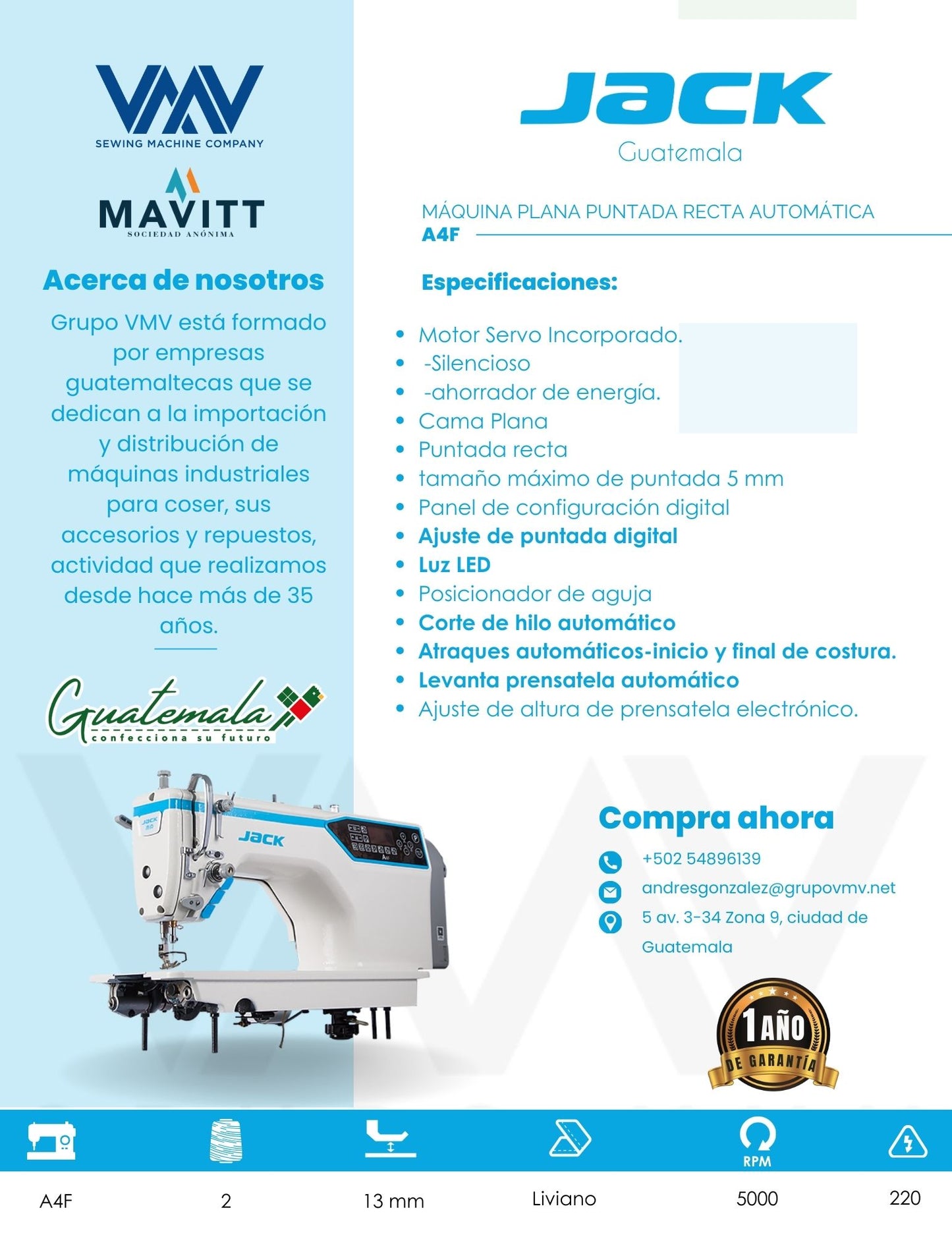 MÁQUINA DE COSER PLANA AUTOMÁTICA JACK A4F