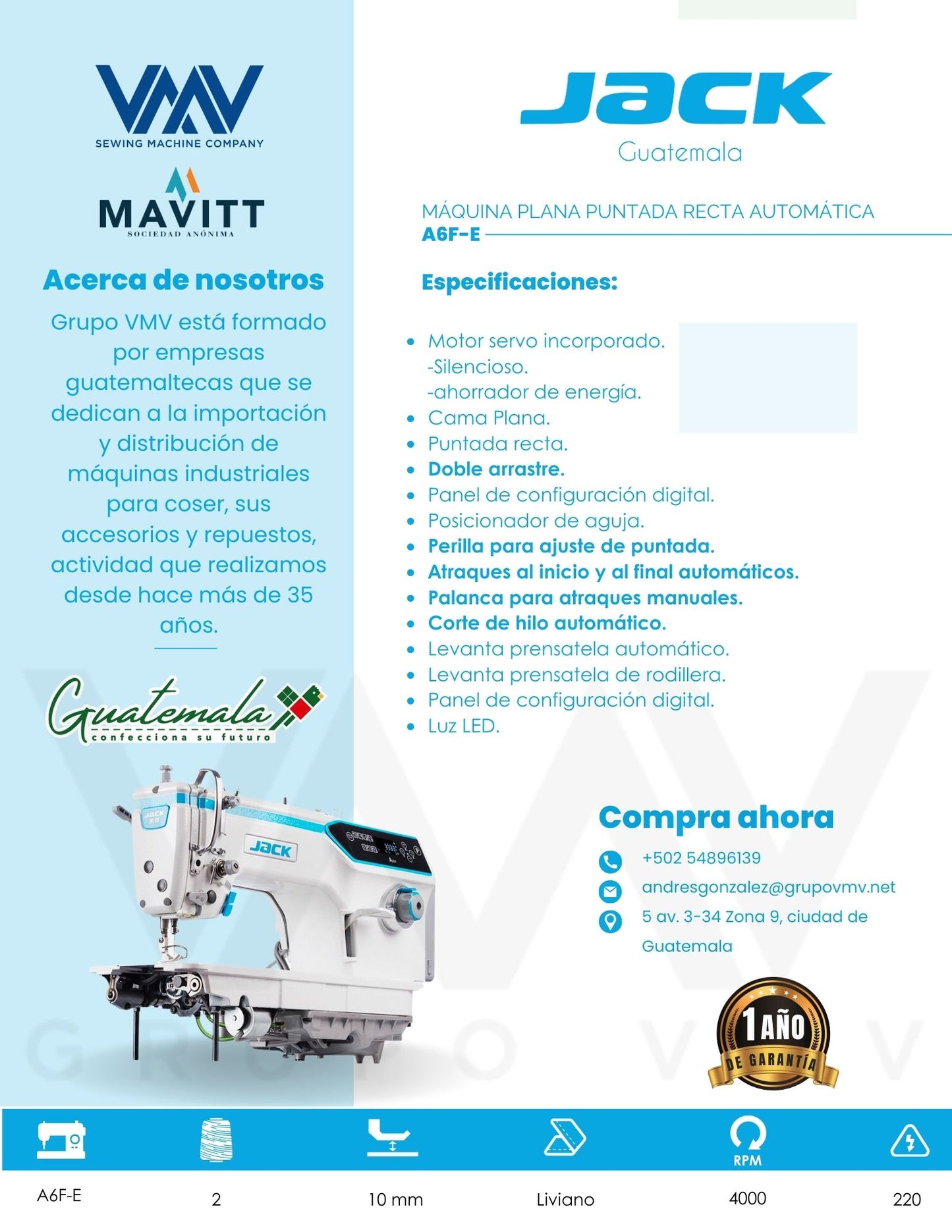 MÁQUINA DE COSER PLANA PUNTADA RECTA AUTOMÁTICA JACK A6F-E
