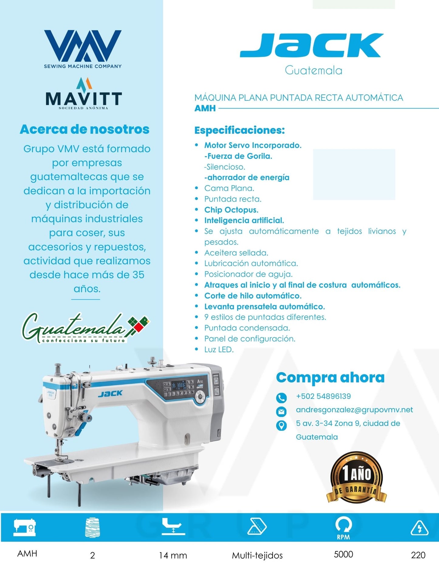MÁQUINA DE COSER PLANA PUNTADA RECTA AUTOMÁTICA JACK AMH