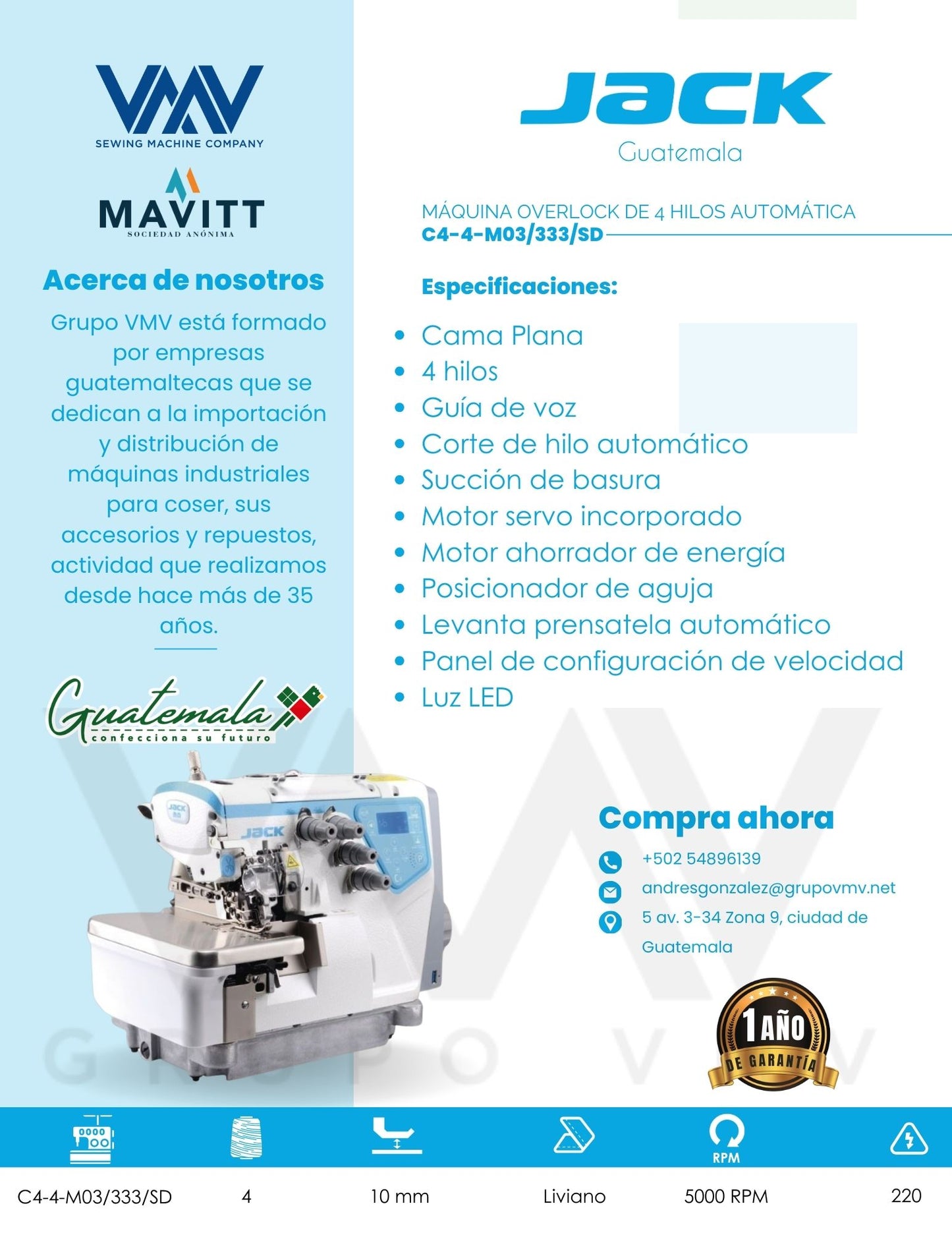 MÁQUINA OVERLOCK DE 4 HILOS AUTOMÁTICA JACK C4-4-M03/333/SD