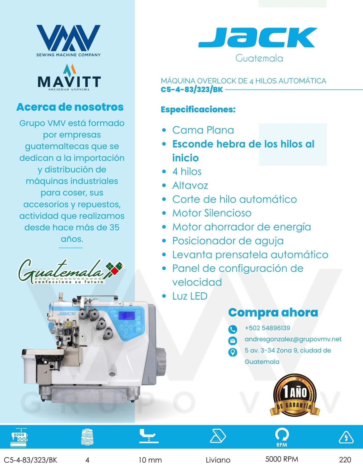 MÁQUINA OVERLOCK DE 4 HILOS AUTOMÁTICA C5-4-83/323/BK
