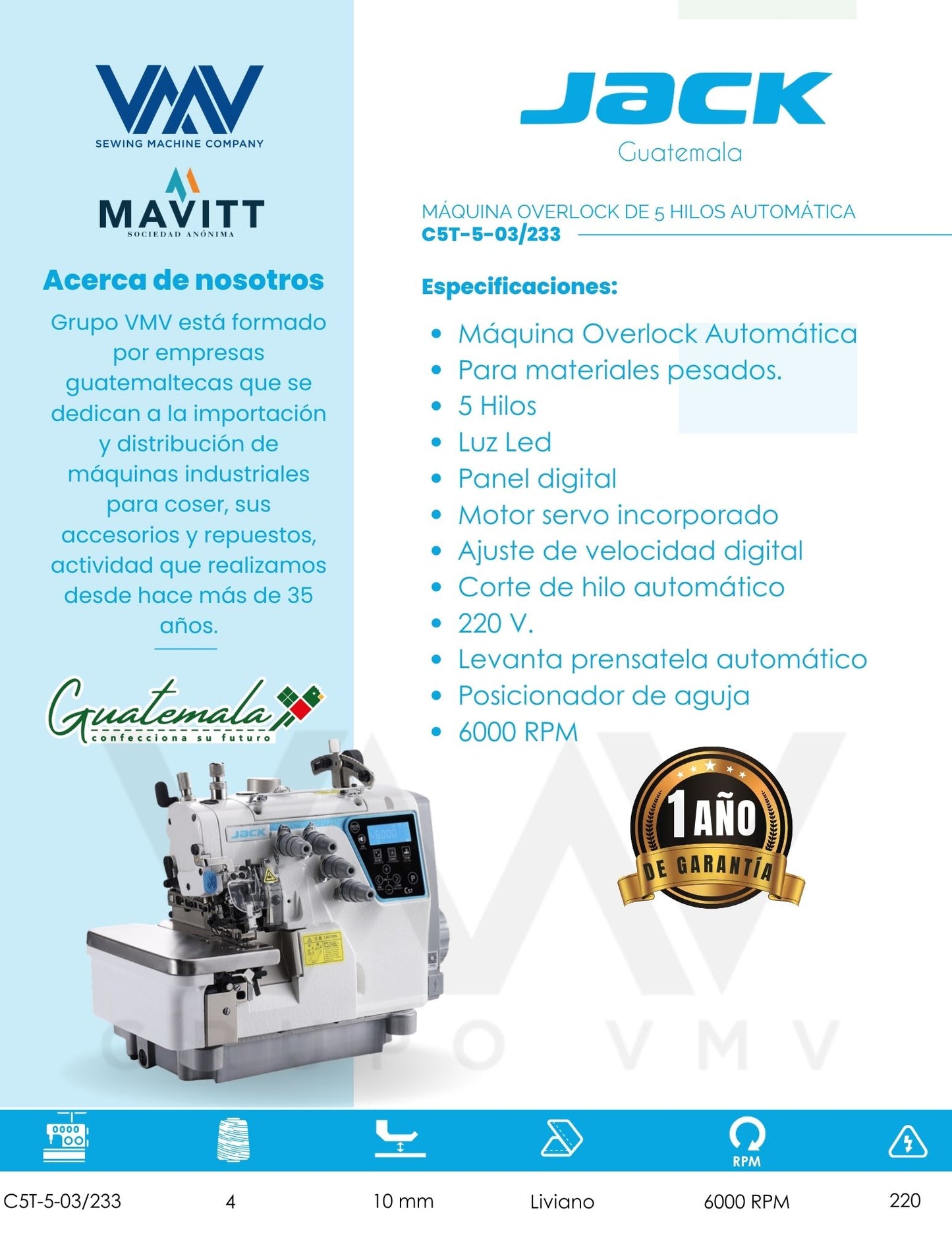 MÁQUINA OVERLOCK DE 5 HILOS AUTOMÁTICA JACK C5T-5-03/233