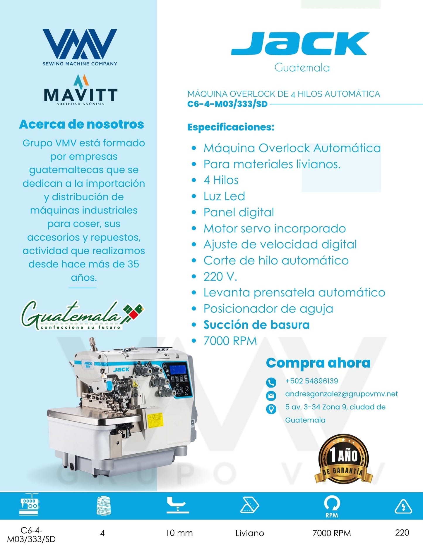 MÁQUINA OVERLOCK DE 4 HILOS AUTOMÁTICA JACK C6-4-M03/333/SD