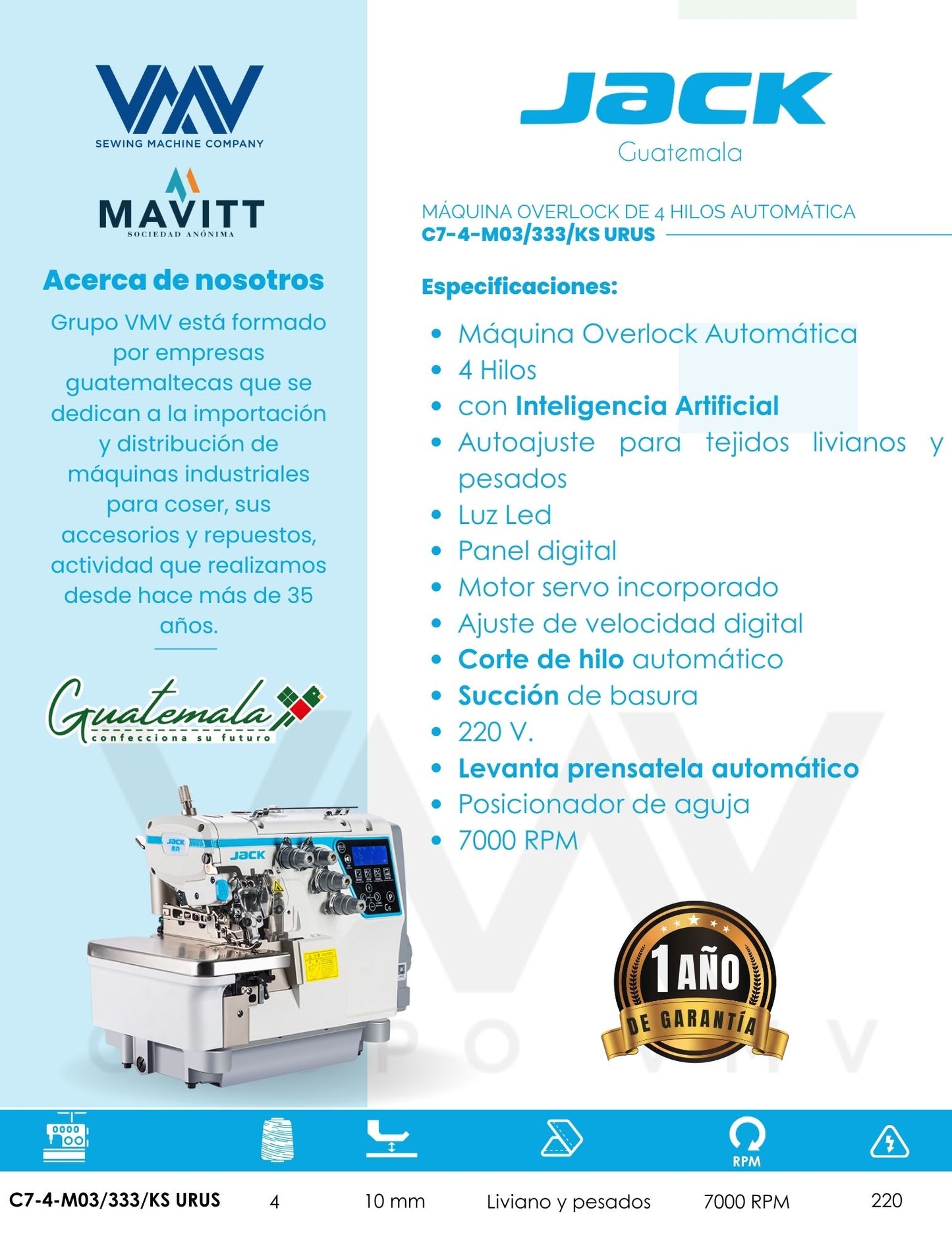 MÁQUINA DE COSER OVERLOCK DE 4 HILOS JACK C7-4-M03/333/KS