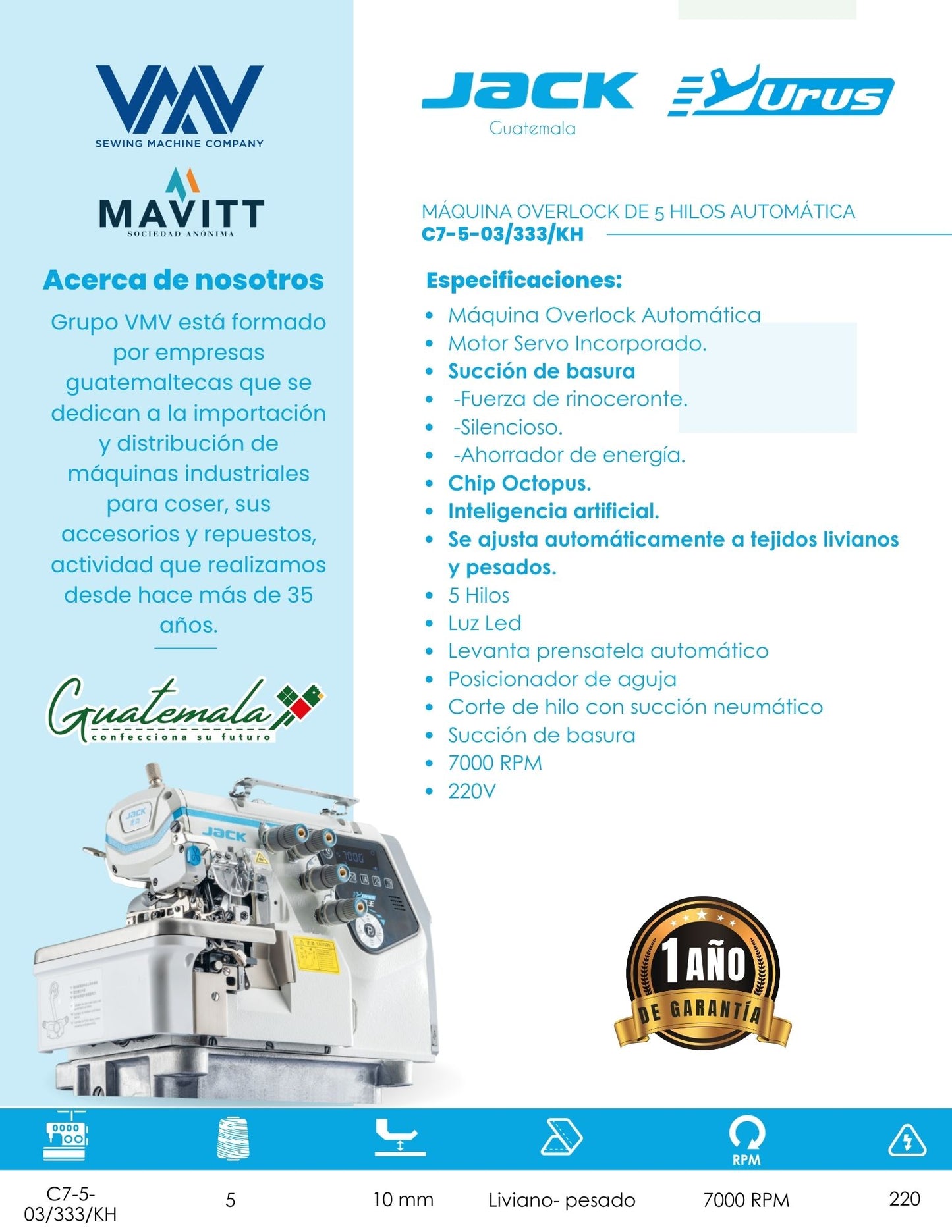 MÁQUINA DE COSER OVERLOCK DE 5 HILOS JACK C7-5-03/333-KH