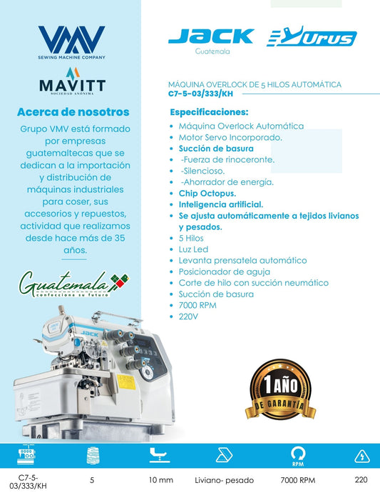 MÁQUINA DE COSER OVERLOCK DE 5 HILOS JACK C7-5-03/333-KH