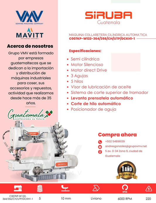 Máquina de coser Collaretera Cilíndrica automática Siruba C007KP-W122-364/356/CH/UTP/DCKH1-1