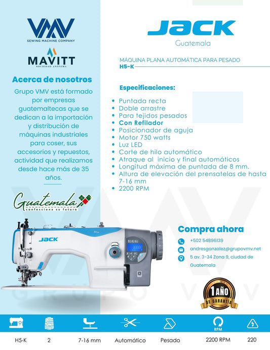 MÁQUINA DE COSER PLANA DE DOBLE ARRASTRE AUTOMÁTICA CON REFILADOR JACK H5-K-CZ-3