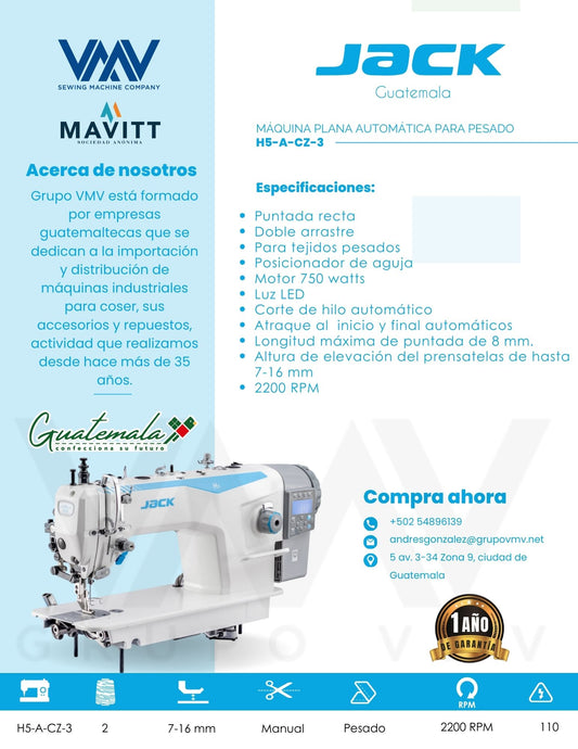 MÁQUINA DE COSER PLANA DE DOBLE ARRASTRE AUTOMÁTICA JACK H5-A-CZ-3