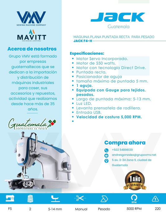 MÁQUINA DE COSER PLANA PUNTADA RECTA  PARA PESADO JACK F4H