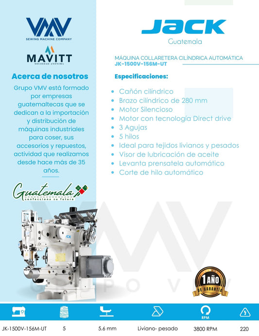 MÁQUINA DE COSER COLLARETERA CILÍNDRICA AUTOMÁTICA JK-1500V-156M-UT